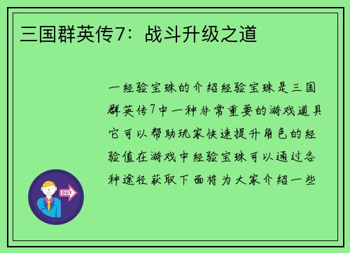 三国群英传7：战斗升级之道